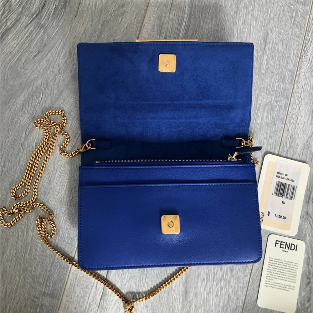 Authentic Fendi Royal Blue Leather Wallet with Gold Chain - Picture 6 of 14